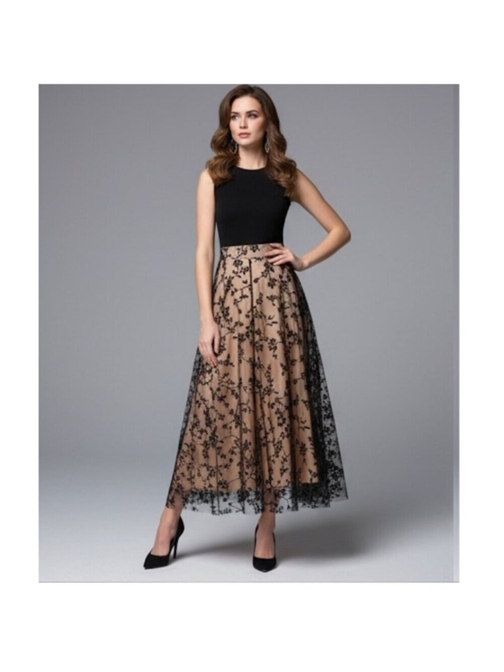 Floral Flocking Tulle Long A-Line Skirt